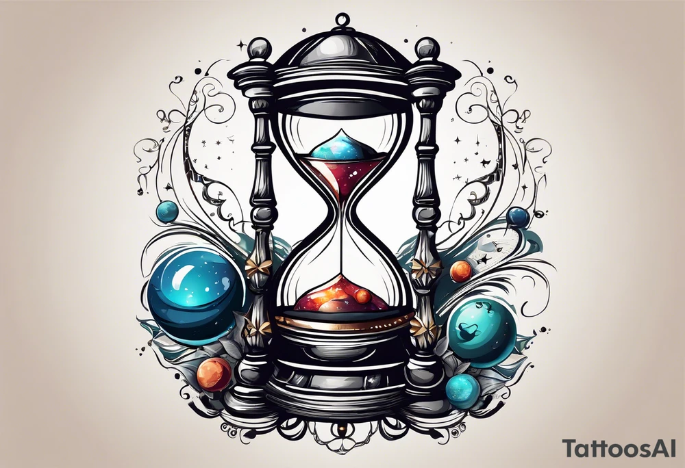 Mix an hourglass with a nautical clock with the addition of planets, galaxies to give a design to print on a t-shirt, the design should be in one color in the form of a tattoo and all the shapes should be mixed to give one shape tattoo for all arms. vectore file for ullustrator tattoo idea