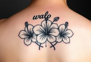 3 Tribal designed Hibiscus flowers with the work “waloy” over them and the letters “svs” within the tribal flowers with each letters on each flowers tattoo idea