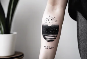 An outer space themed minimalist calf sleeve tattoo incorporating the quote, "Made for another world" in typewriter font tattoo idea