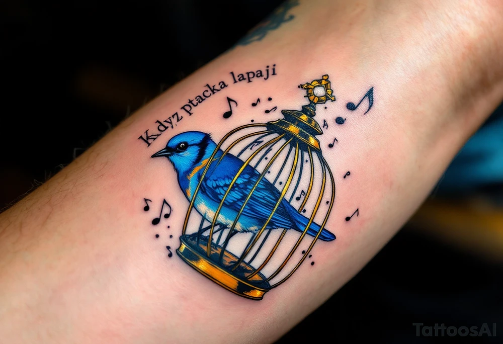 "Kdyz ptacka lapaji, pekne mu zpivaji." — A bluebird in a gilded cage made of musical notes, with the proverb arched in fine black ink above. tattoo idea