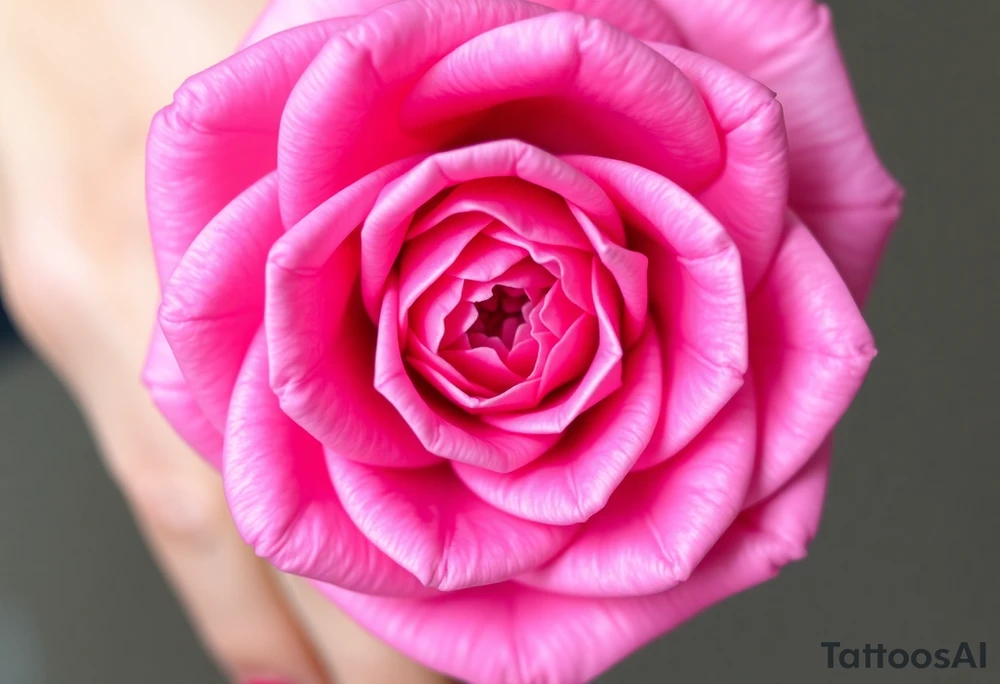 The pink rose appears as if viewed through a mesmerizing kaleidoscope, with its delicate petals radiating outward in a perfectly symmetrical, fractal-like pattern. Shades of soft blush and vibrant magenta blend seamlessly, creating a hypnotic, almost surreal visual effect that draws the eye deeper into its intricate layers. The petals seem to fold and reflect infinitely, forming geometric shapes that shift and transform, giving the rose an ethereal, dreamlike quality. tattoo idea
