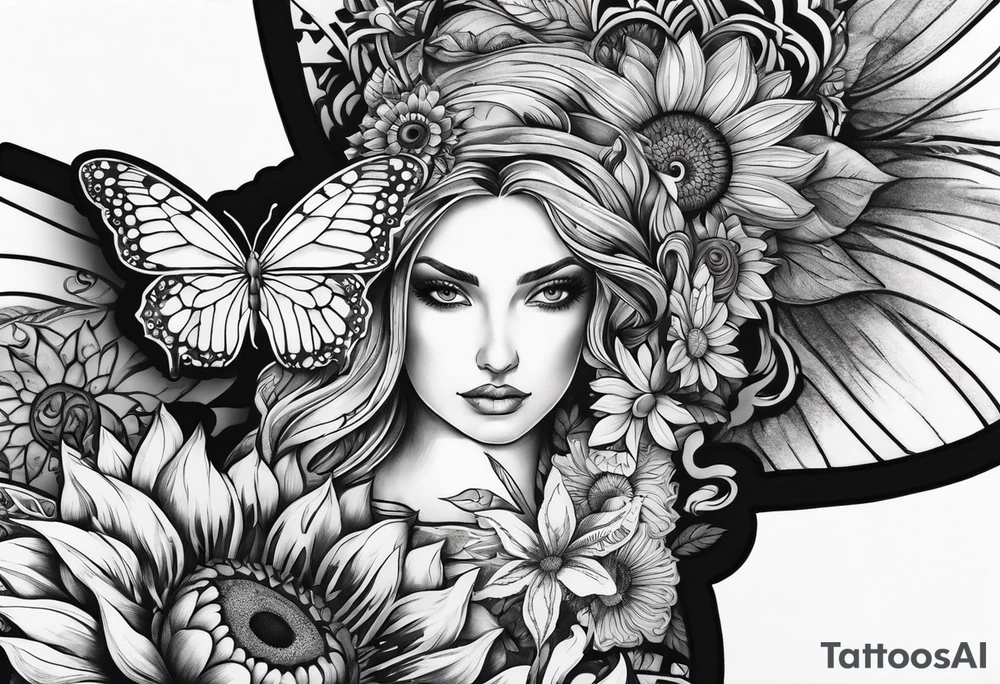 arm sleeve with winged cross, rainbow sunflowers and butterflies tattoo idea