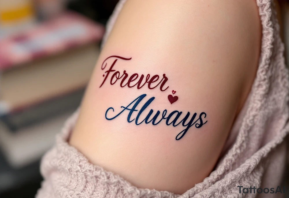Elegant script “Forever” in burgundy for her and “Always” in navy for him inked over the heart show eternal devotion. tattoo idea