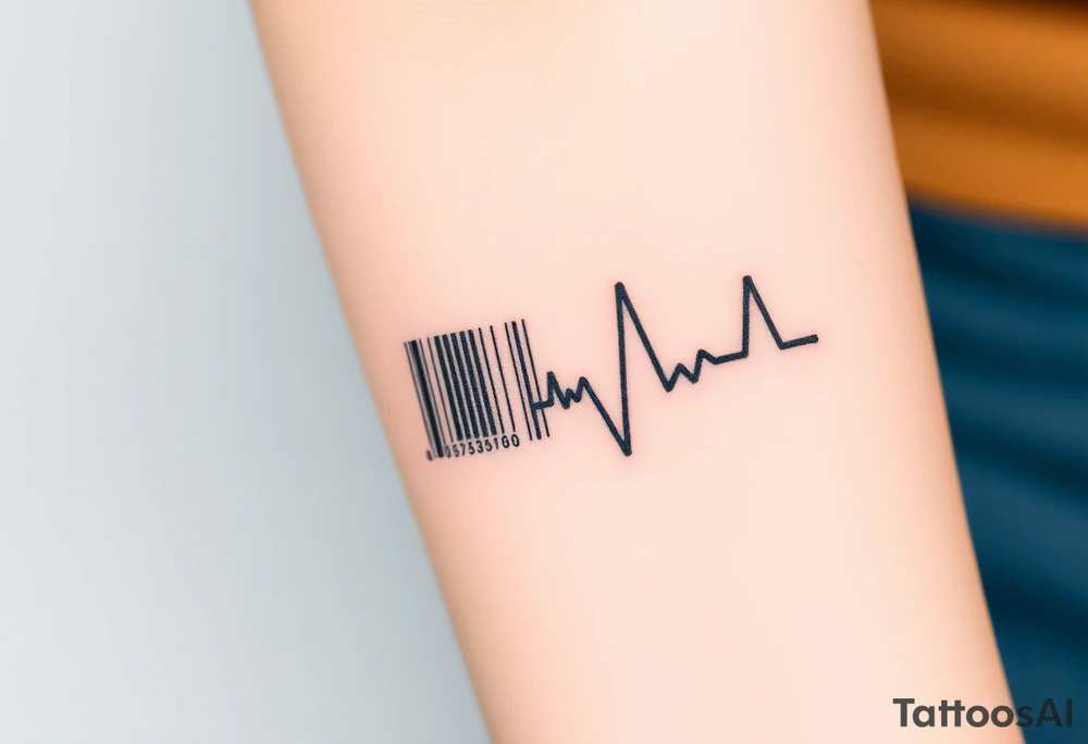 A barcode where one of the lines transitions into a heartbeat monitor pattern, symbolizing love that keeps beating strong tattoo idea