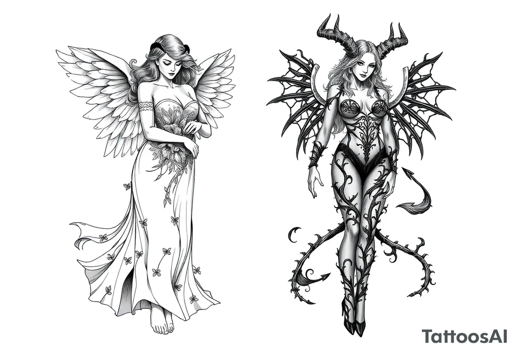 🔥 Dual Tattoo Concept: Angel & Demon – Sexy and Symbolic

Left Side – Angel (Engelin):
A sensual, barefoot angelic woman with soft, flowing hair and serene, open eyes gazes downward with calm strength. Her wings are large, feathered, and gracefully arched. She wears an elegant gown made of delicate, nature-like textures, blending floral and leaf motifs across her bodice and arms. The long dress flows like wind-swept silk, giving a sense of movement and grace. Her posture exudes calm power and divine femininity. She is barefoot, standing lightly as if floating—symbolizing purity, serenity, and grounded spirituality.

Right Side – Demoness (Teufelin):
A striking, seductive demoness with high heels and a confident stance radiates dark power and fierce sensuality. Her body is wrapped in an organic, flame- and thorn-like armor that clings to her form. Her skin appears almost sculpted with dark ornamental patterns. She has sharp horns, long hair, bat-like wings with torn edges, and a long, sinuous tail curling around her leg. Her expression is bold and alluring, eyes closed as if relishing her power. She stands tall in spiked heels, embodying chaos, desire, and strength.

⸻

🌓 Tattoo Style Suggestions:
	•	High-detail black-and-grey realism
	•	Placement: back piece, thighs, or dual shoulder blades
	•	Themes: Good vs Evil, Light vs Dark, Feminine Duality, Temptation vs Grace tattoo idea