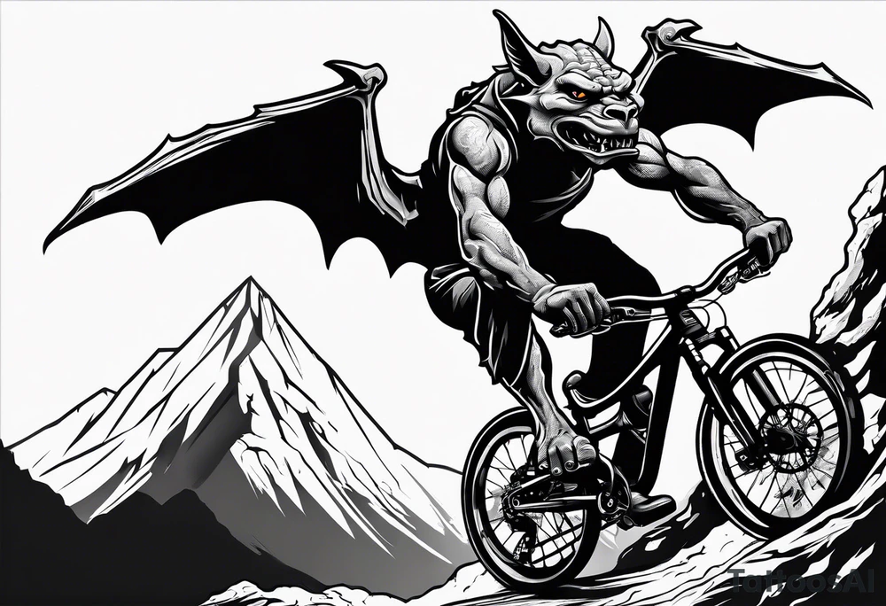 gargoyle riding a full suspension mountain bike with a shadow no background tattoo idea