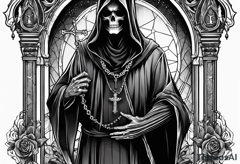 The grim reaper with praying hands and rosary rapped around his hands while he’s standing standing side ways tattoo idea