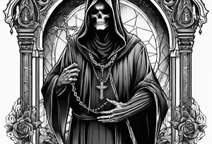 The grim reaper with praying hands and rosary rapped around his hands while he’s standing standing side ways tattoo idea