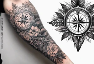 sleeve tattoo with Vegvisir compass with jungle plants surrounding it tattoo idea