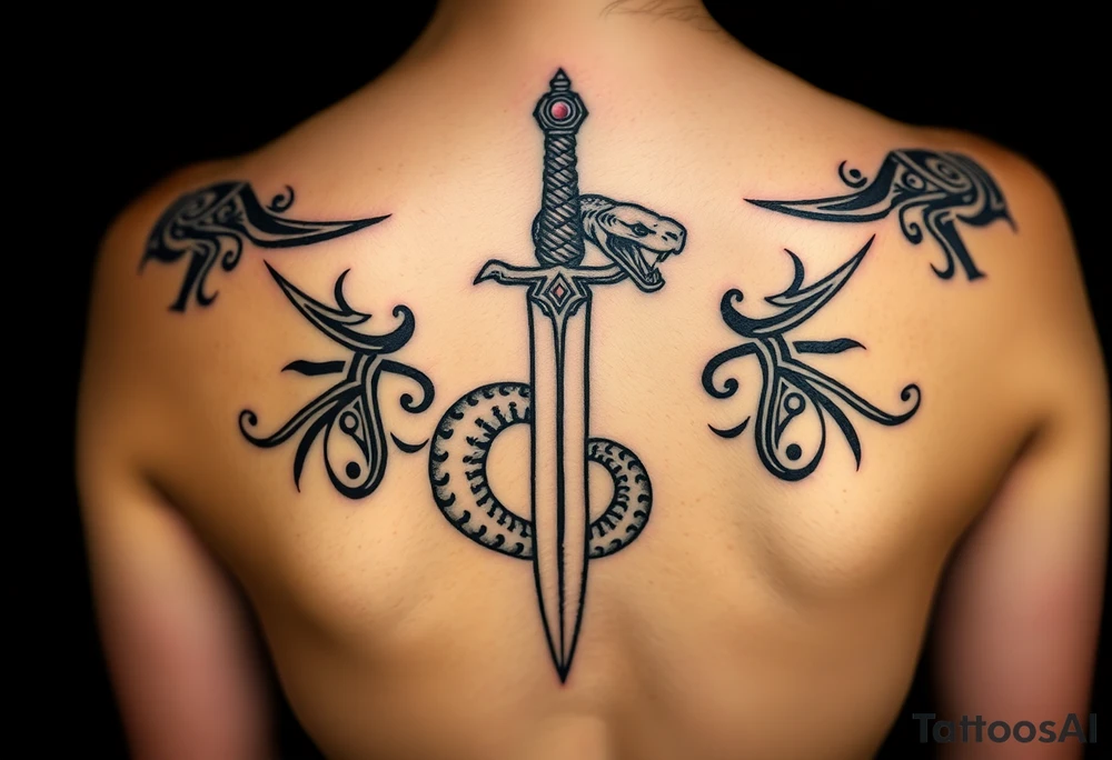 mystical snake coiled around an ancient dagger with jeweled hilt tattoo idea