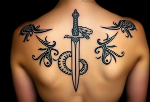 mystical snake coiled around an ancient dagger with jeweled hilt tattoo idea