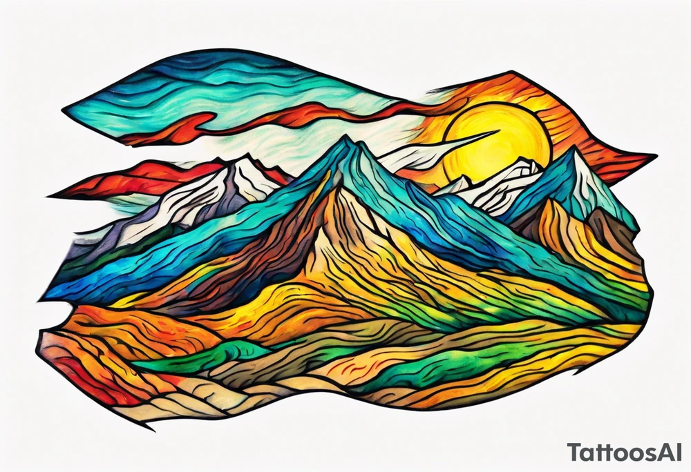 Small tattoo of New Mexico mountains, Van Gogh style, vibrant colors, swirling brushstrokes, detailed peaks, high quality, Van Gogh style, vibrant colors, swirling brushstrokes, detailed, professional, atmospheric lighting tattoo idea