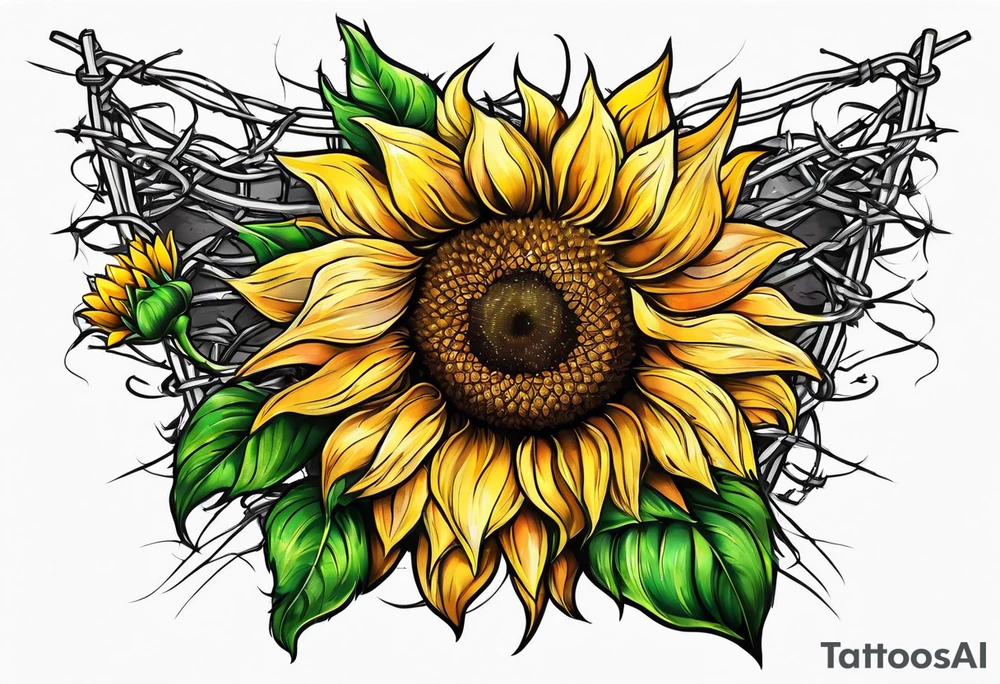 Sunflower and barbed wire half sleeve tattoo idea