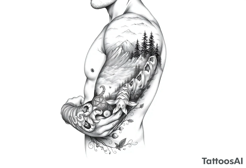 Create a scenic nature half sleeve for a man. Add lots of details including animals. tattoo idea