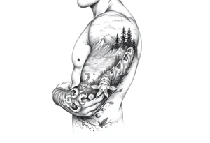 Create a scenic nature half sleeve for a man. Add lots of details including animals. tattoo idea