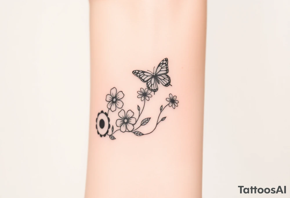 A small feminine tractor with 2 flowers on it and butterfly tattoo idea