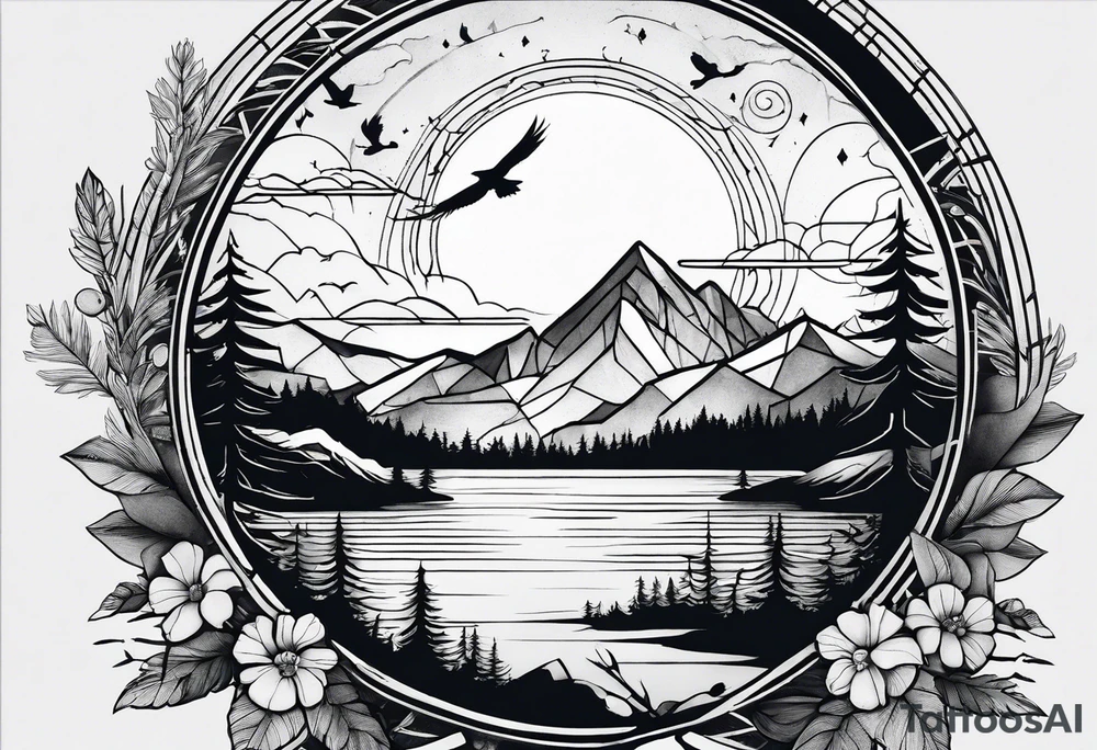 Geometric nature tattoo with moutains, lake, forest, birds and a moon. Tattoo needs to be the size of a forearm. tattoo idea