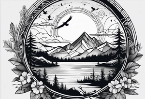 Geometric nature tattoo with moutains, lake, forest, birds and a moon. Tattoo needs to be the size of a forearm. tattoo idea