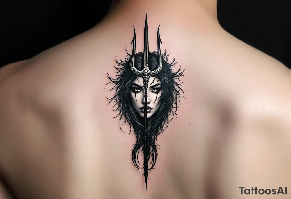 indian woman face with black hair behind trident tattoo idea