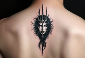 indian woman face with black hair behind trident tattoo idea