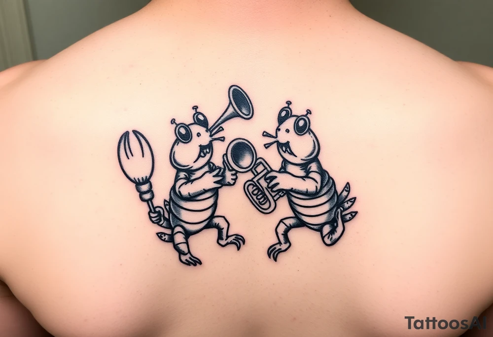 Two cartoon crayfish playing music together with trombone and trumpet tattoo idea