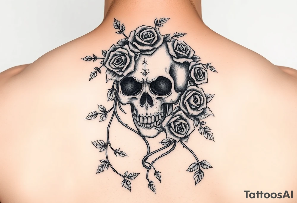 gothic skull intertwined with climbing roses and thorny vines tattoo idea
