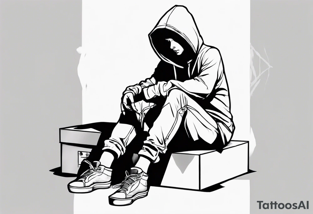 A human in a hoodie sitting on a box, looking down. tattoo idea