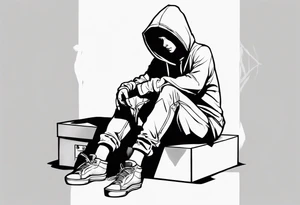 A human in a hoodie sitting on a box, looking down. tattoo idea