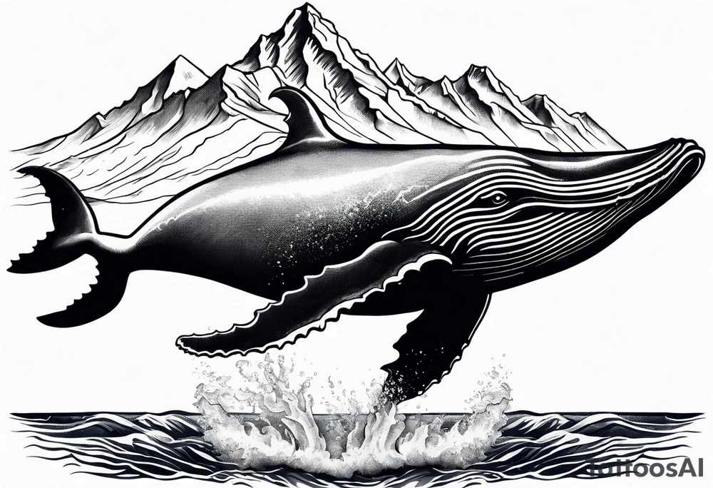 breaching humpback whale with a drawing of the Teton mountains behind it tattoo idea