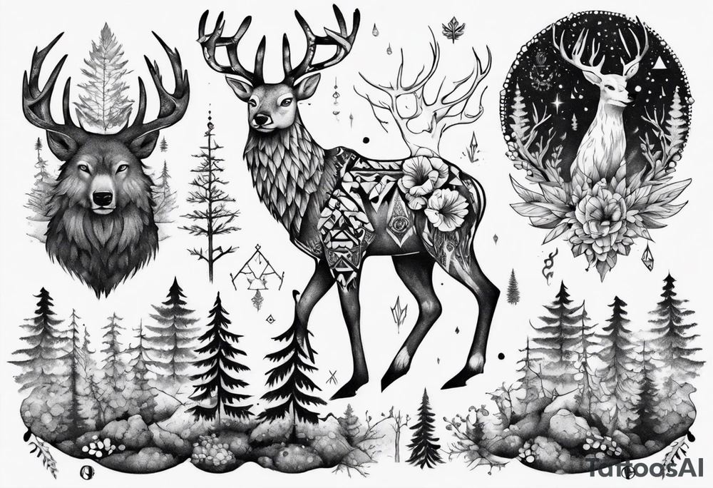 Full sholder, Nordic, forest,  presence, dear tattoo idea