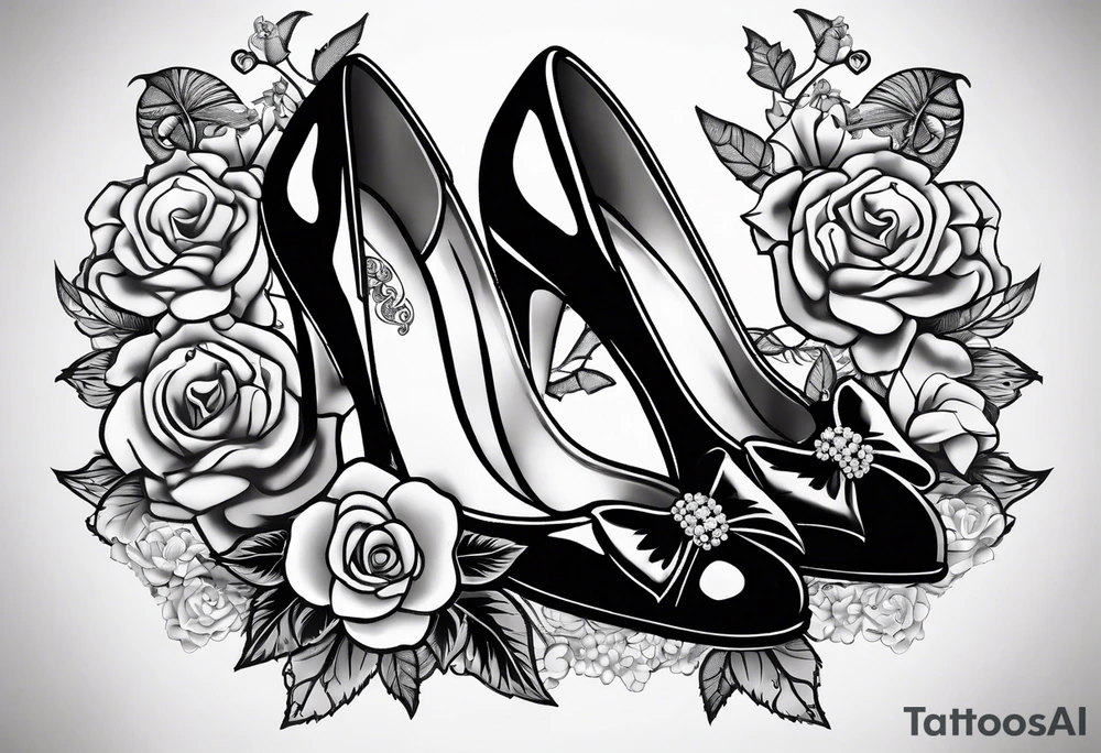 1950s pinup pumps with flowers, pearl necklaces, bows, and lace tattoo idea