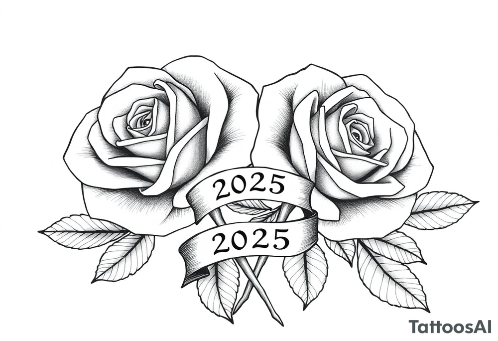 two big beautiful roses with leaves and with their stems intertwined, with a small banner with the year "2025" on it, tying them together.  Add the following word "Rose" written in Kanji above the drawing tattoo idea