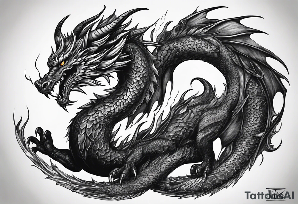 Powerfull magestic black fire dragon tattoo idea