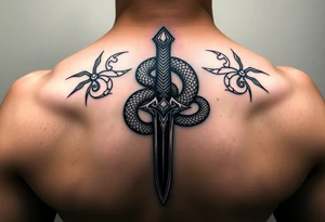 mystical snake coiled around an ancient dagger with jeweled hilt tattoo idea