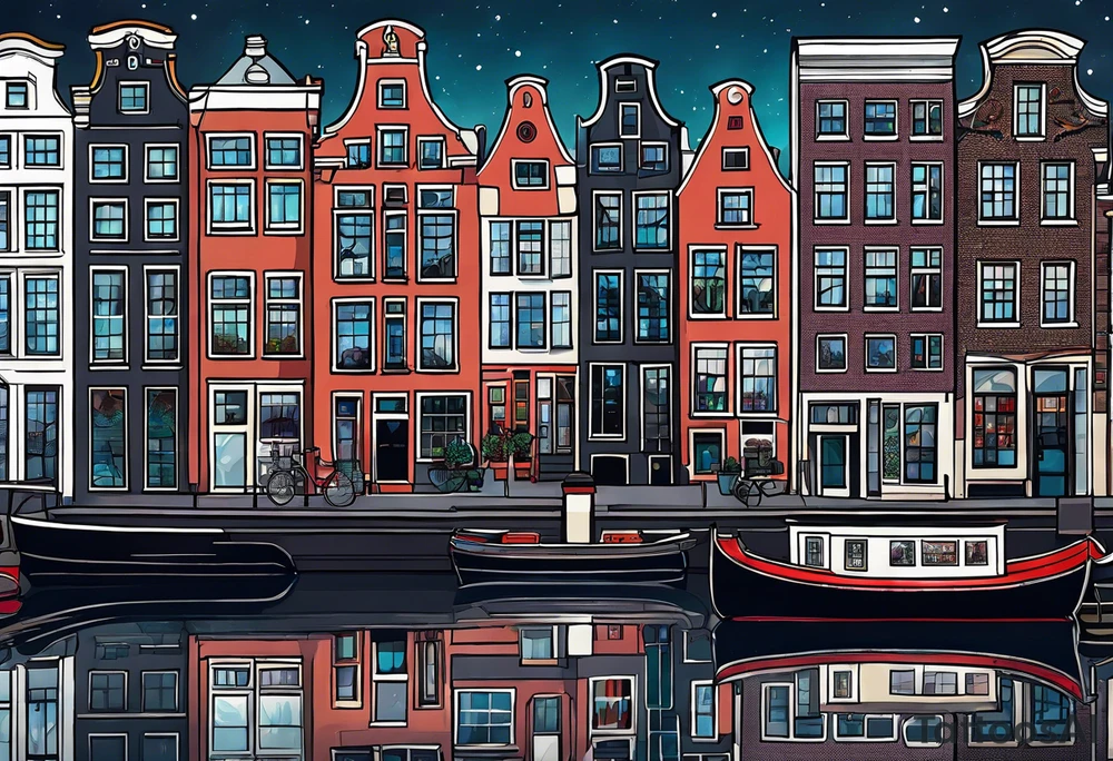 Amsterdam buildings and canal featuring animals in galaxy colours featuring glass tattoo idea