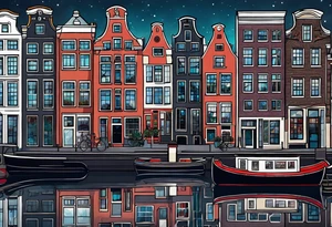 Amsterdam buildings and canal featuring animals in galaxy colours featuring glass tattoo idea