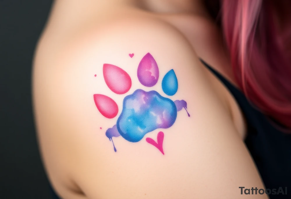 A watercolor-style paw print blending vibrant hues of pink, blue, and purple, creating the shape of a heart tattoo idea