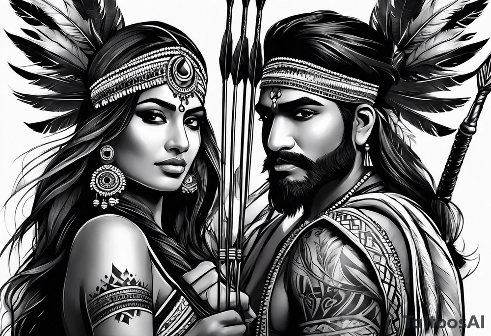tribal indian couples with bow and arrows tattoo idea