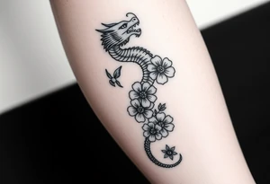 Leg area back of calf dragon going up 4 flowers
 Dragon flipped closer to the third one down tattoo idea
