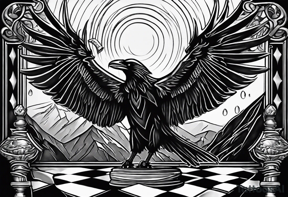 chessboard with king and queen piece, background in a mountain in the rain and ravens tattoo idea
