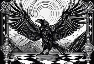 chessboard with king and queen piece, background in a mountain in the rain and ravens tattoo idea