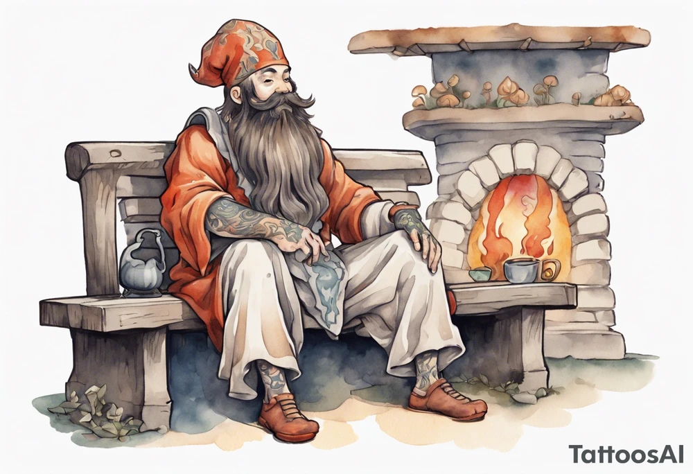 a mushroom-creature with a long beard wearing a  medieval tunic sitting on a bench by a fireplace drinking from a wood cup, happy tattoo idea