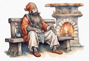 a mushroom-creature with a long beard wearing a  medieval tunic sitting on a bench by a fireplace drinking from a wood cup, happy tattoo idea