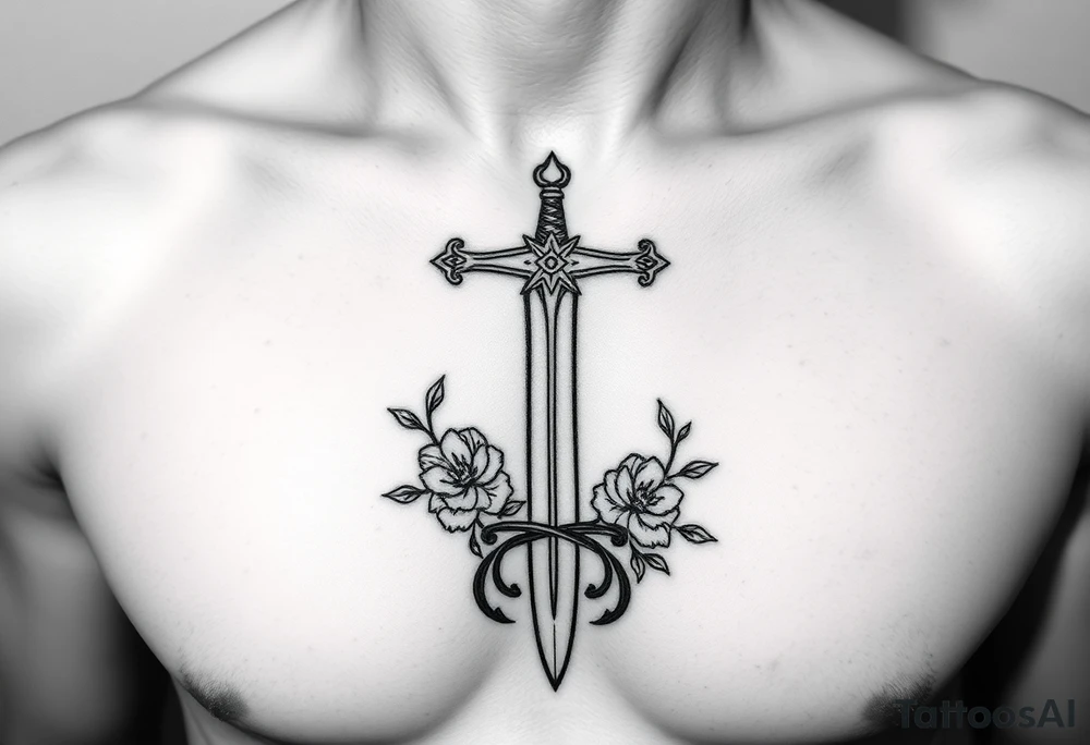 A gothic cross with a sword tip on the bottom going through an infinity sign and has roses and vines growing around tattoo idea