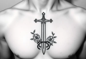 A gothic cross with a sword tip on the bottom going through an infinity sign and has roses and vines growing around tattoo idea