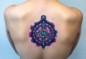 A deep purple crystal lock with glowing runes, and a crescent moon-shaped key radiating a mystical aura tattoo idea