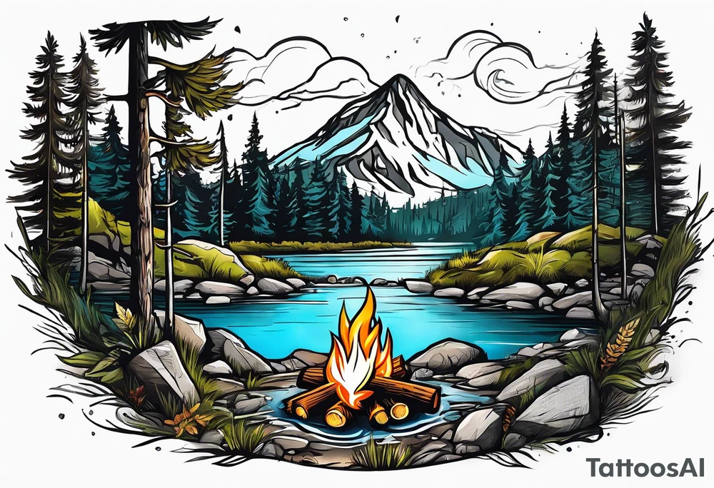 Small campfire in the forest where flow a small mountain stream tattoo idea