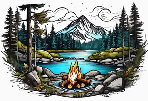 Small campfire in the forest where flow a small mountain stream tattoo idea