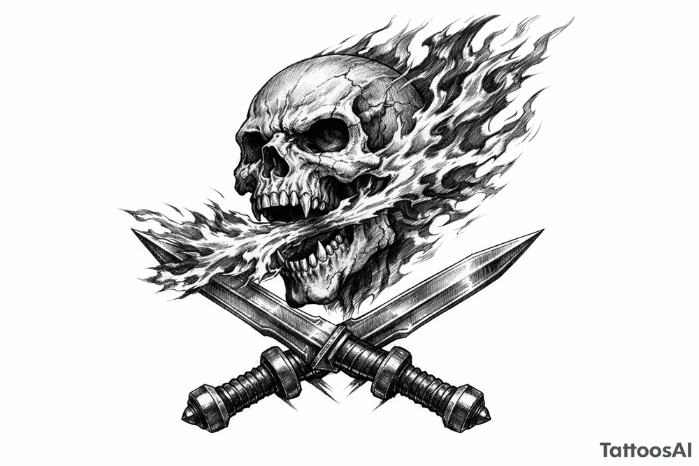A skeletal head spewing fire, with gladius swords crossed at the base. tattoo idea