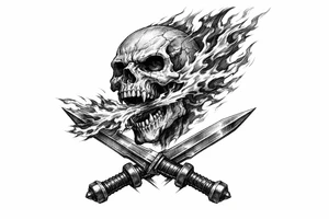 A skeletal head spewing fire, with gladius swords crossed at the base. tattoo idea